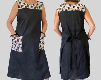 Linen Wrap Dress Japanese Style with Cat Print Pockets and Yokes ties at back and front.