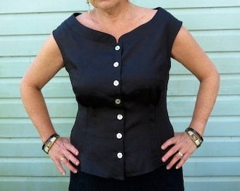 Black Linen Retro top with Boat neck and Pearl Buttons is slim fitting and flattering, genuine Vintage design.