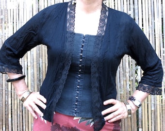 Cotton Kebaya style Top with Lace Trim and 3/4 Sleeves,Summer Evening Cover-Up.