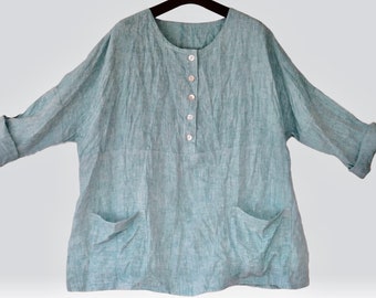 Loose Linen top with Pockets, Pearl Buttons,  Three Quarter Sleeves.