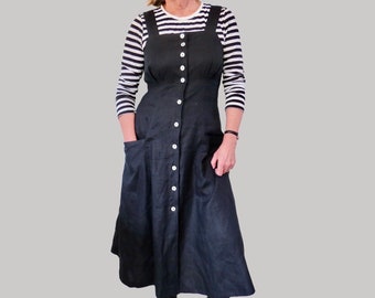 Sukienka lniana Pinafore: sukienka midi z kieszeniami i kwadratowym dekoltem