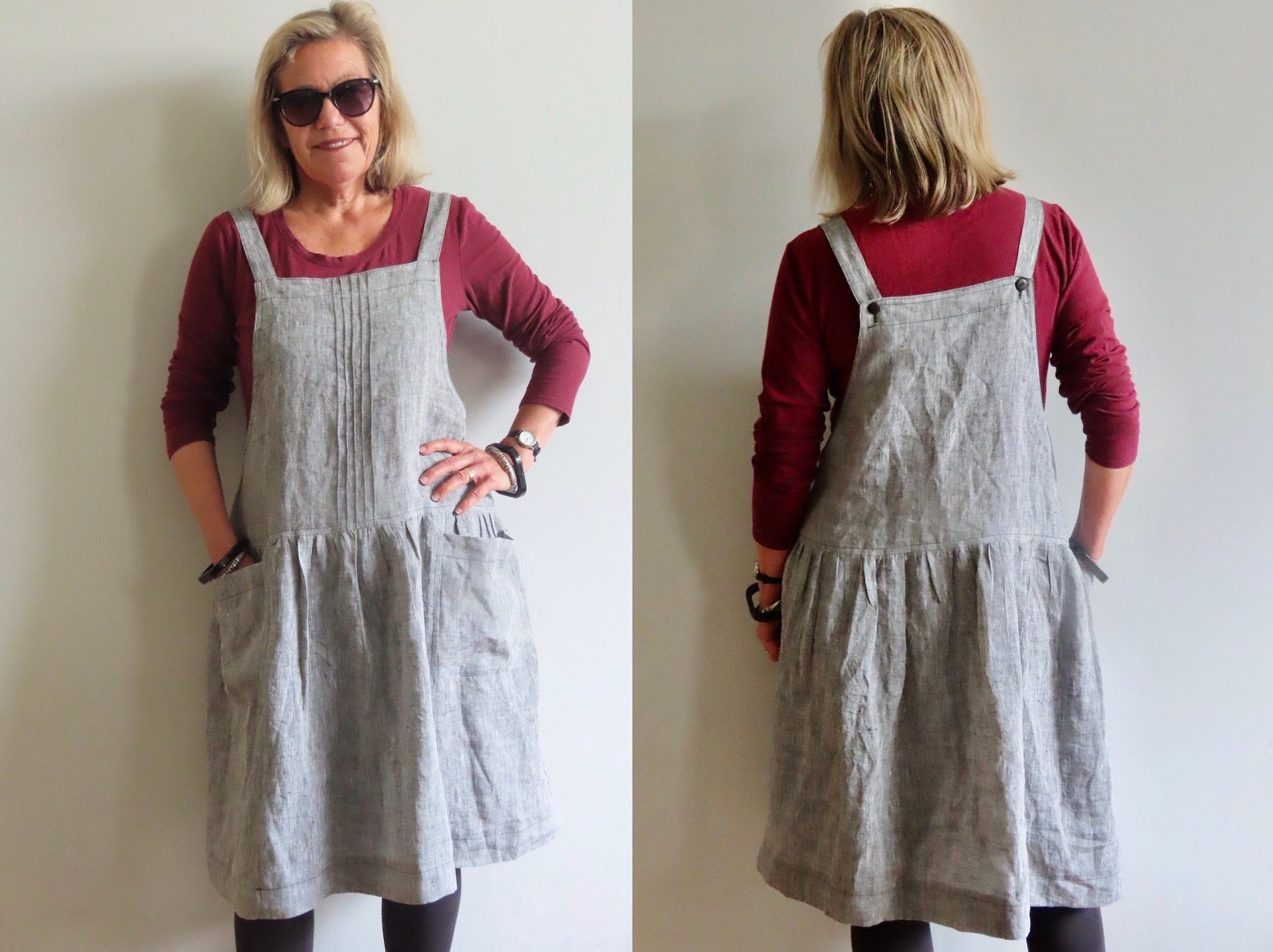 Pure Linen Pinafore Dress With Pintucks and Pockets Relaxed Etsy