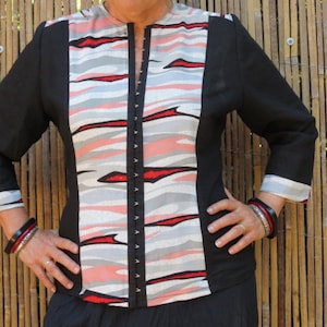 Linen shirt with Recycled Vintage Kimono fabric  trims has  hook and eye closure and  three quarter sleeves.