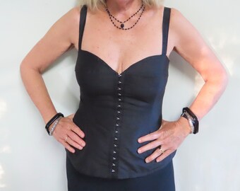 Black Linen Bustier Corset top  with wide, low neckline and hook and eye fastening.