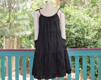 Loose Linen Sundress with tiered skirt  and big pockets in Black or White.