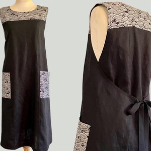 Linen Wrap dress, Japanese Pinafore Style with Pockets in Contrast Print.