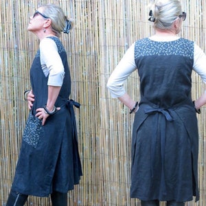 Wrap dress in Indigo Linen with Vintage Kimono Silk Yokes and Big Pockets ties at back and front, one size fits most.