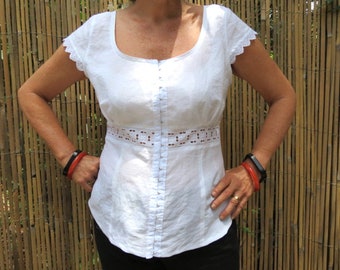 White Linen  blouse with Cotton Lace trims, Cap sleeves and Hook and Eye closure is fitted shape