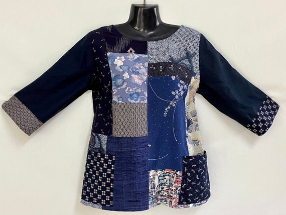 Recycled Kimono fabrics Patchwork Shirt with Three Quarter Sleeves & Boat neck