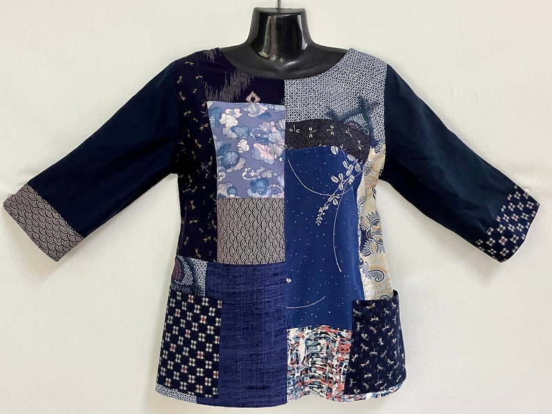 Unique Patchwork Shirt made from  Recycled Kimono fabrics with   Pure Linen and Cotton prints has Boat neck and Three Quarter Sleeves.