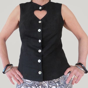 Linen Summer top with Heart Shaped Keyhole Neckline and Pearl Buttons is available in Black or White.