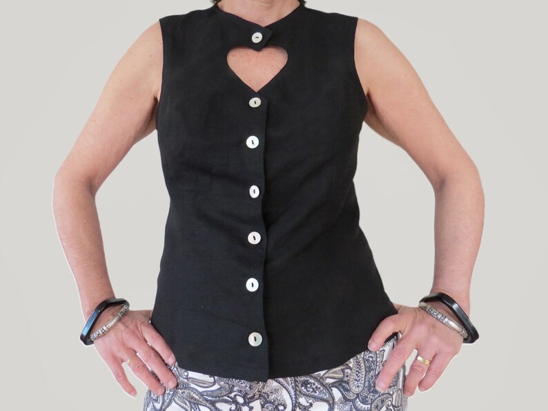 Linen Summer top with Heart Shaped Keyhole Neckline and Pearl Buttons is available in Black or White.