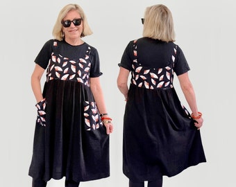 Lockeres Leinen Sommerkleid mit japanischem Print oben und Taschen ist und perfekt für Sommer oder Winter.