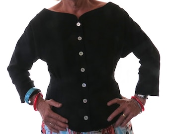 Black Linen Retro top with Boat neck, Pearl buttons and three quarter sleeves,