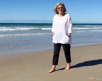 Oversized White Linen Japanese style top with Printed cotton trims and Pockets