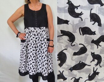 Leinen Trägerkleid, Japanischer Katzen Druck, Ärmelloses Sommerkleid