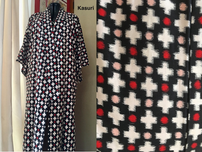 Red & Black Kasuri print-cut from Pure silk Vintage kimono