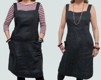 Black Linen Pinafore Dress, Square Neck Sundress with Pockets, also in Navy.