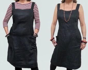 Black Linen Pinafore dress or Sundress is flattering shape with Pockets, Square neck  and wide straps.