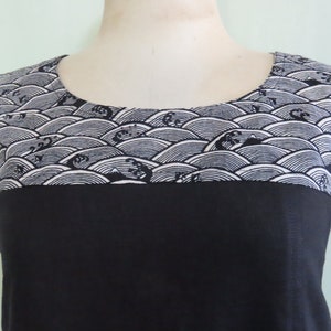 Close up showing Boat neckline and contrast yoke in Mt. Fuji print