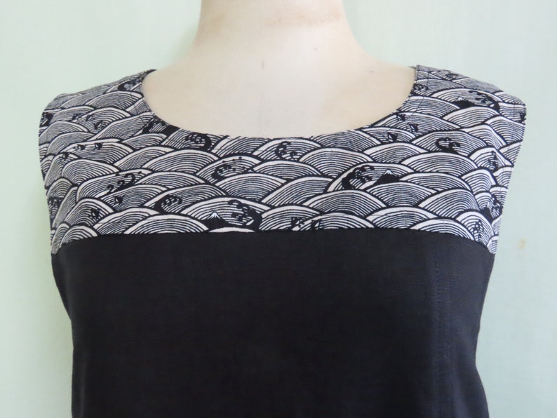 Close up showing Boat neckline and contrast yoke in Mt. Fuji print