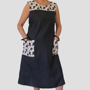 Linen Wrap Dress Japanese Apron Style with Cat Print Pockets and Yokes ties at back and front.