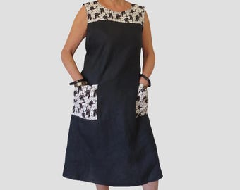 Leinen Kleid Japanischer Stil mit Schürze und Katzen Print Taschen, Bindebändern hinten.