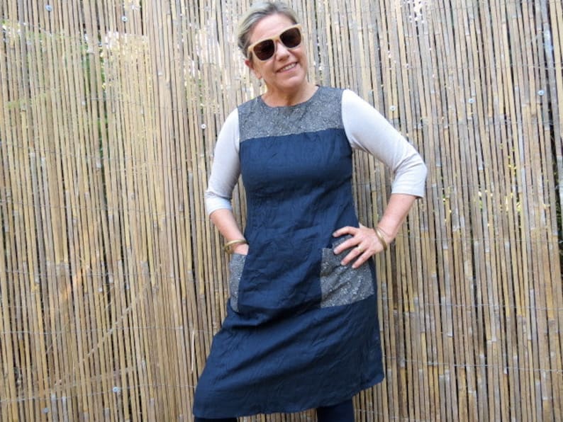Indigo Linen Pinafore dress with Japanese print Cotton trim Pockets and Yoke