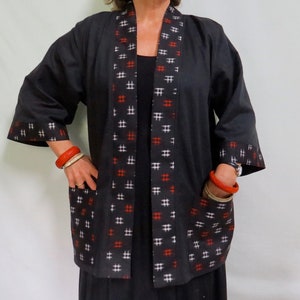 Loose Linen Kimono style jacket with Recycled Vintage Kimono trims and Pockets is roomy, comfortable  and versatile.