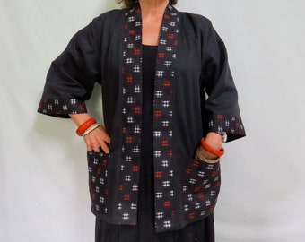 Loose Linen Kimono style jacket with Recycled Vintage Kimono trims and Pockets is roomy, comfortable  and versatile.