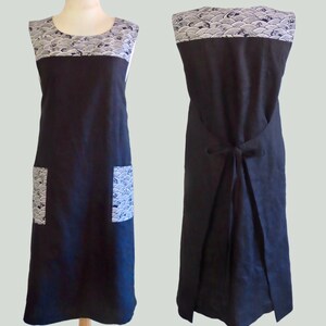 Linen Wrap dress, Japanese Pinafore Style with Pockets in Contrast Print. Front and back views.