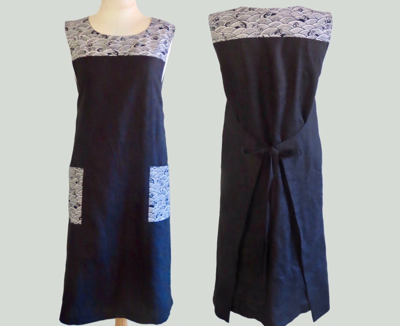 Linen Wrap dress, Japanese Pinafore Style with Pockets in Contrast Print. Front and back views.