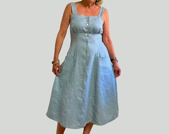 Pure Linen Summer Dress with Pockets, Square Neckline & Natural Pearl Buttons, Midi length