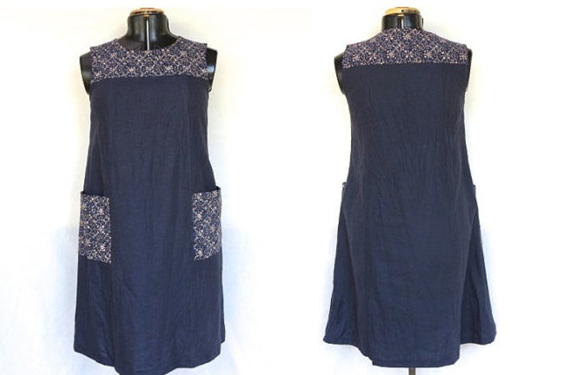 Indigo Linen Pinafore dress with Japanese print Cotton trim Pockets and Yoke
