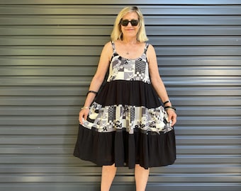 Sundress or Jumper with in Traditional Recycled Silk Kimono Fabric has pockets and tiered skirt.