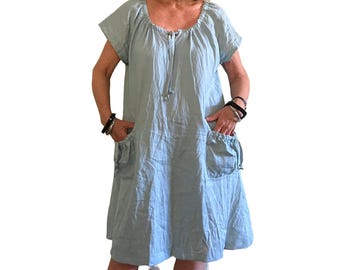 Leinen Sommerkleid mit Taschen Kordelzug Ausschnitt, locker sitzend, gut für Umstandsmode