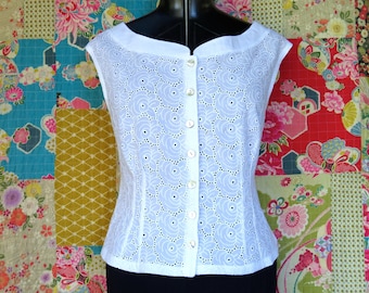White Cotton Broderie Anglaise Top, Retro Style with Boat Neck, natural Pearl Buttons.