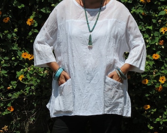 White Linen Oversized Japanese Style top, Big Pockets and Boat neck- Linen Clothing