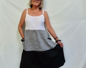 Sommerkleid aus Leinen mit Taschen, mehrfarbiger Rock, Sommerkleid