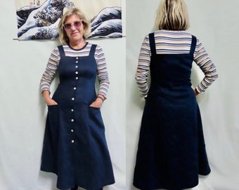 Midi Length Indigo Navy Linen dress with Square Neckline, Side Pockets and Natural Pearl Buttons can be worn in all seasons.