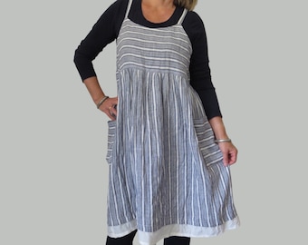 Oversized Pure Linen Pinafore Dress, Indigo Striped Japanese Jumper, Maternity Style