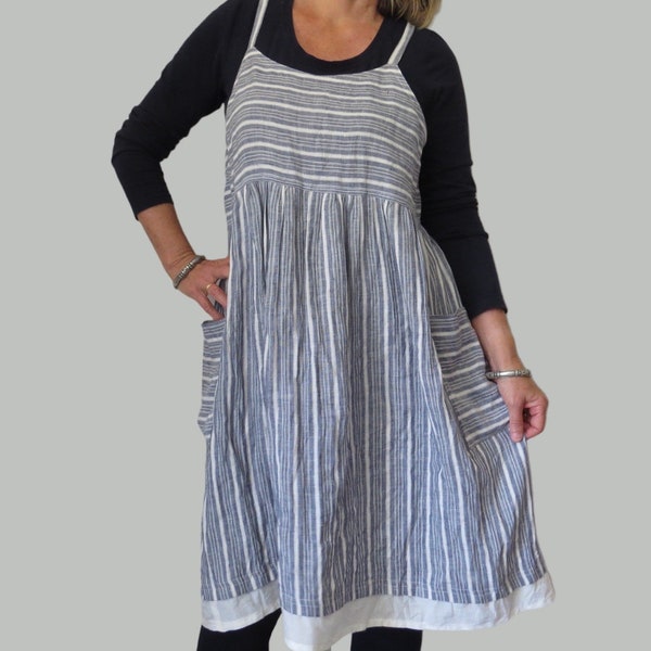 Pure Linen Oversized  Pinafore dress with Pockets in  Indigo Striped Linen, Japanese Jumper style, is suitable for Maternity dress.