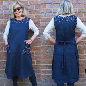 Indigo Linen Wrap dress with Japanese Print big Pockets and Yoke ties at back