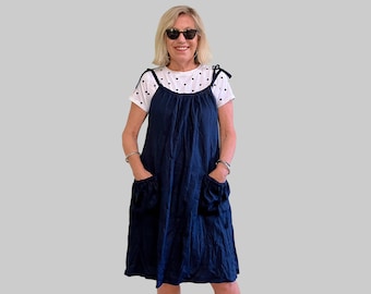 Loose Linen Pinafore Sundress with Drawstring neckline,  Big Pockets and Adjustable straps.
