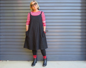 Black Linen Pinafore Dress, Loose Fit A- Line Jumper with Pockets