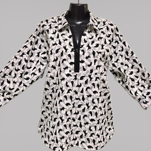 Loose fitting Cat Print Shirt in Cotton with Zip front and Roll up sleeves.