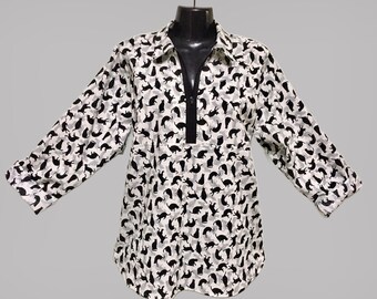 Loose fitting Cat Print Cotton Shirt  with Zip front and Roll up sleeves.