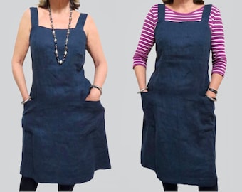 Pure Linen Pinafore dress with Pockets, Square neck and Wide Straps is available in Indigo or Black