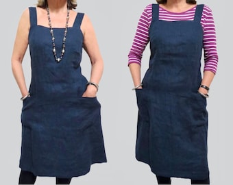 Linen Pinafore Dress, Square Neck, Pockets, Wide Straps, Handmade