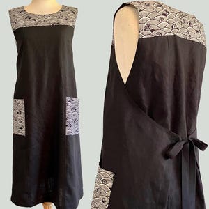 Linen Wrap dress, Japanese Pinafore Style with Pockets in Contrast Print.